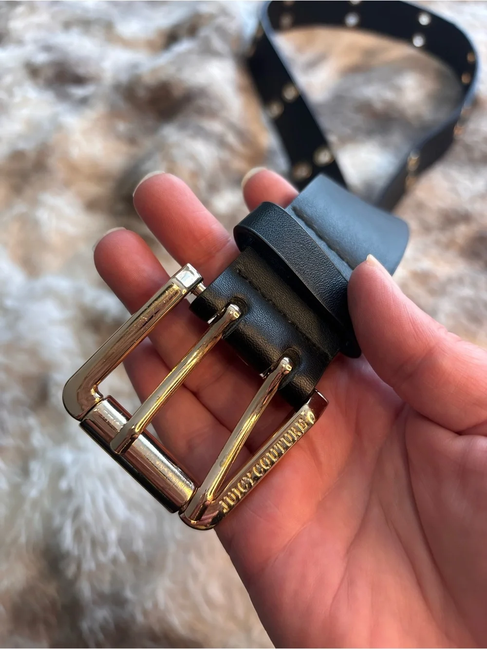 Juicy Couture Black Leather Belt with Gold-Tone Triple-Prong Buckle